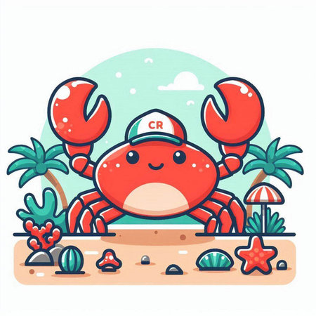 Cute crab on the beach. Vector illustration in cartoon style.のイラスト素材