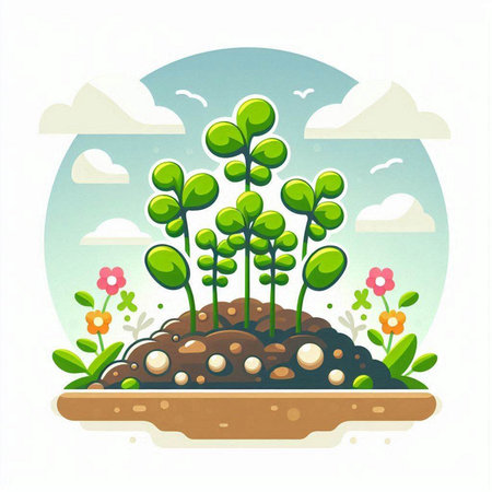 Illustration of a green plant growing in the soil. Vector illustration.のイラスト素材
