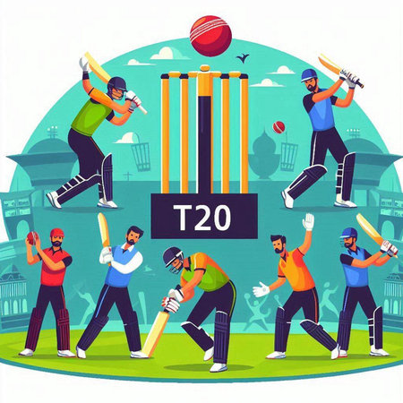 Cricket championship flat vector illustration. Group of batsmen playing cricket match on field.のイラスト素材
