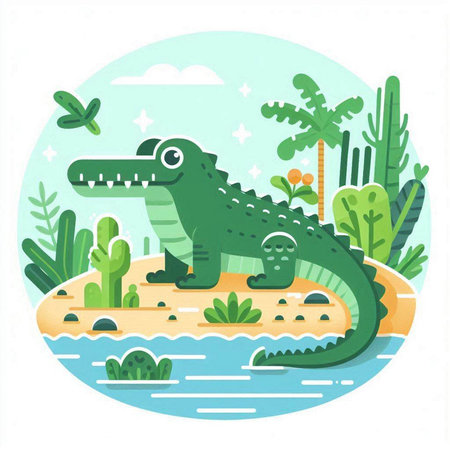 Crocodile in the jungle. Vector illustration in flat styleのイラスト素材