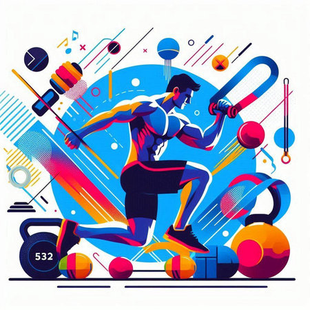 Vector illustration of a man in sportswear doing exercises with dumbbells.のイラスト素材