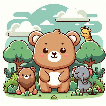 Illustration of a Cute Teddy Bear and Animals in the Forestのイラスト素材