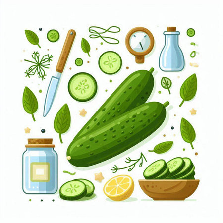 Cucumber vector illustration. Cucumber ingredients and kitchen utensils. Cucumber, lemon, herbs, spices.のイラスト素材