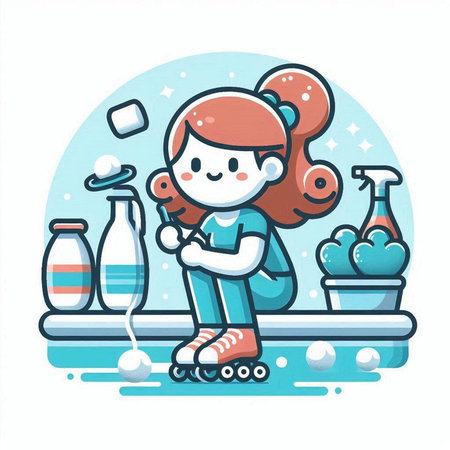 Girl on roller skates with soap and detergent. Vector illustration.のイラスト素材
