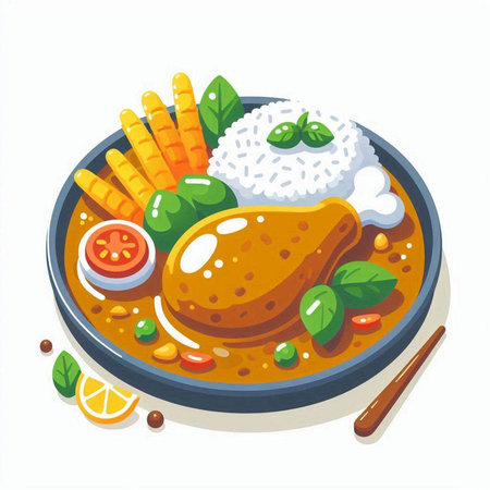 Illustration of a chicken curry with rice and vegetables on a white backgroundのイラスト素材