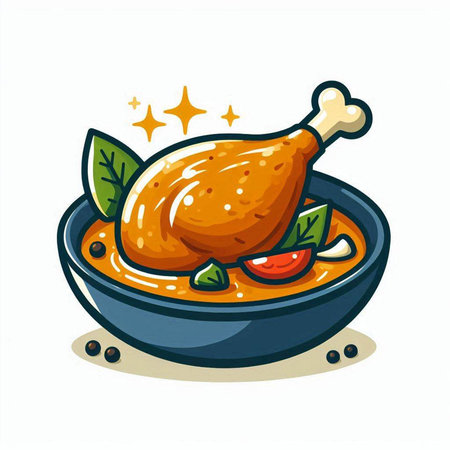 Illustration of roasted chicken in a bowl isolated on white background.のイラスト素材