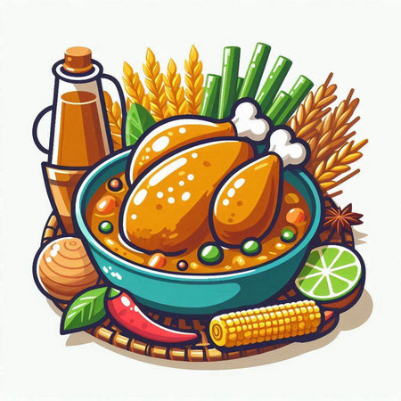Vector illustration of a bowl of chicken and ingredients for cooking on a white backgroundのイラスト素材