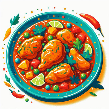 Illustration of chicken in tomato sauce with lime and parsley.のイラスト素材