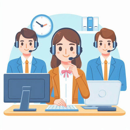 Call center. Man and woman in headsets with computers. Vector illustration.のイラスト素材