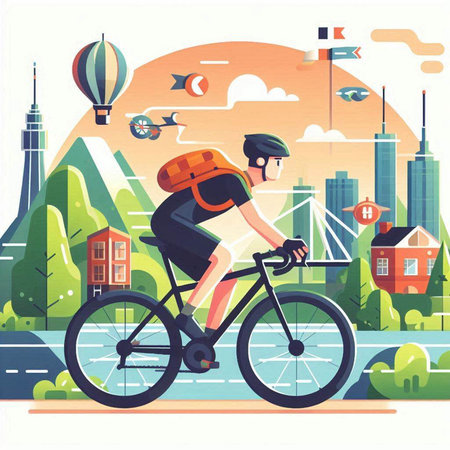 Cyclist riding bicycle in the city, flat vector illustration.のイラスト素材