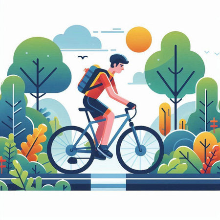 Cyclist riding bicycle in the park. Flat vector illustration.のイラスト素材