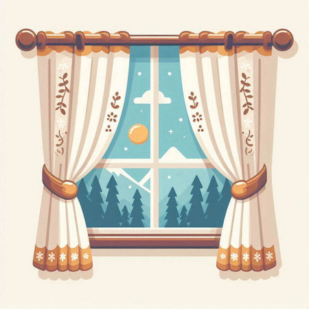 Window with a view on the winter forest. Cartoon vector illustration.のイラスト素材