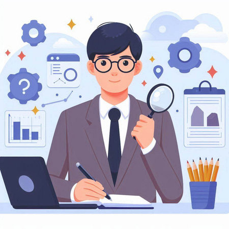 Businessman with magnifying glass and laptop in office. Vector illustrationのイラスト素材