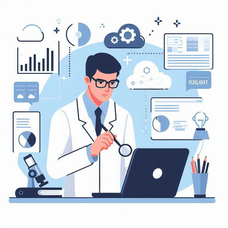 Doctor in white coat and glasses working on laptop. Vector flat illustrationのイラスト素材