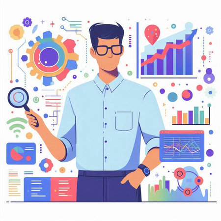 Vector illustration of a man in a white shirt and glasses is holding a magnifying glass in his hands. The concept of statistics, analytics, research, analytics.のイラスト素材