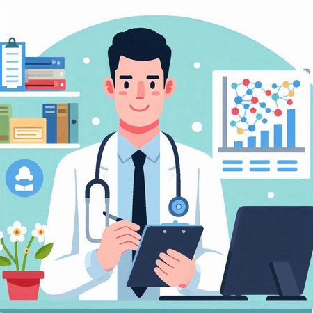 Doctor with stethoscope and tablet in the office. Vector illustration.のイラスト素材