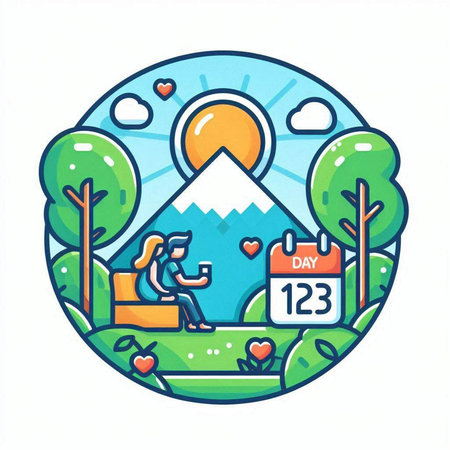 Vector illustration of a girl sitting on a bench in the park with a calendar.のイラスト素材