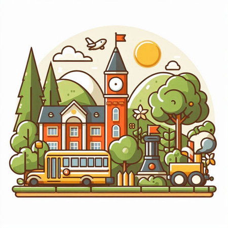 Vector illustration of school building and school bus on background of green trees.のイラスト素材