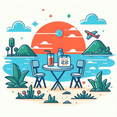Vector illustration of a picnic on the beach with a table and chairsのイラスト素材