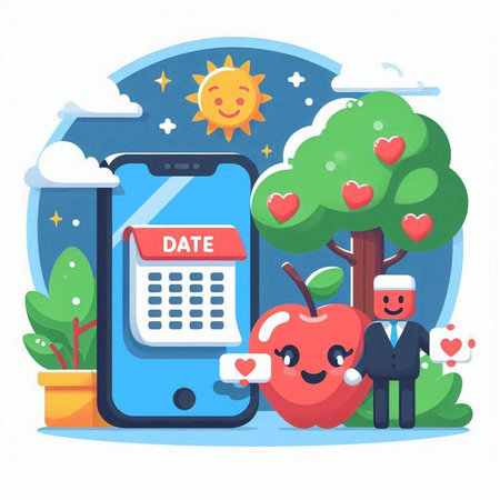 Vector illustration of a man with an apple in his hand, a woman with a smartphone and a calendar.のイラスト素材