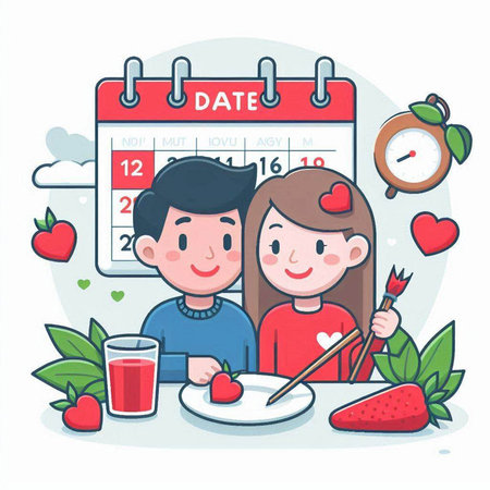 Illustration of a couple painting a date on a calendar with a cup of coffeeのイラスト素材
