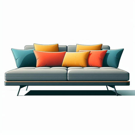 Modern sofa with colorful pillows isolated on white background. Vector illustrationのイラスト素材