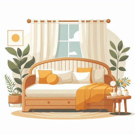 Vector illustration of a cozy bedroom with a bed and a large window.のイラスト素材