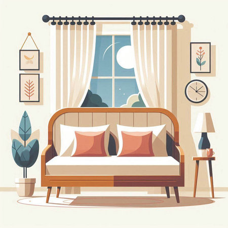 Living room interior with sofa and window. Vector illustration in flat styleのイラスト素材