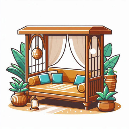 Vector illustration of a small wooden bed with pillows and cushionsのイラスト素材