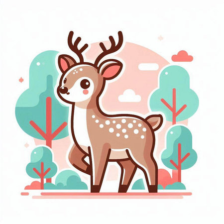 Cute little deer in the forest. Vector illustration in flat styleのイラスト素材