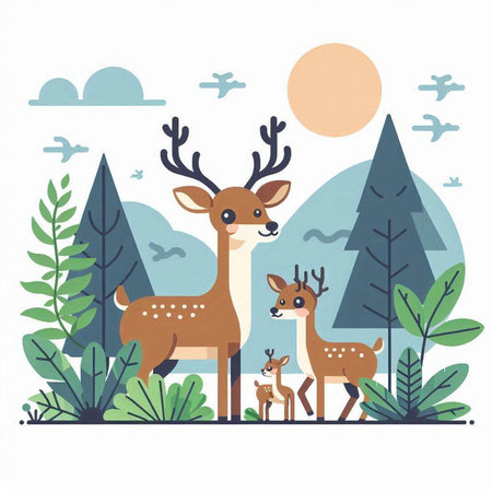 Deer family in the forest, flat vector illustration on white background.のイラスト素材