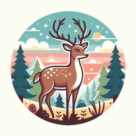Deer in the forest. Vector illustration in flat design style.のイラスト素材