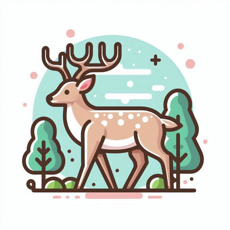 Vector illustration of a deer with antlers in the forest. Flat style design.のイラスト素材