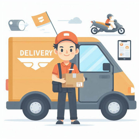 Delivery man with cardboard box in van. Delivery service concept. Vector illustrationのイラスト素材