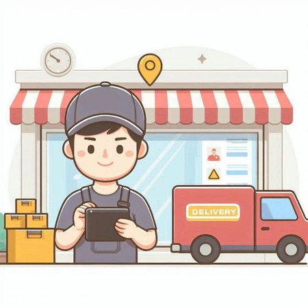 Delivery man holding tablet in front of a store. Vector illustration.のイラスト素材