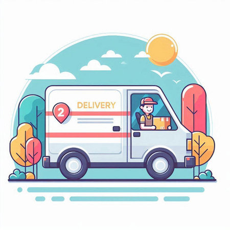 Delivery van. Fast and free shipping. Vector illustration in flat styleのイラスト素材