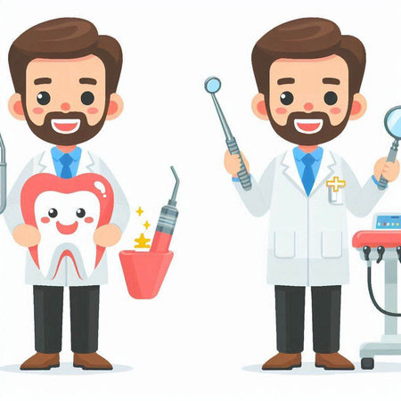 Male dentist cartoon character with dental tools. Vector illustration in a flat style.のイラスト素材