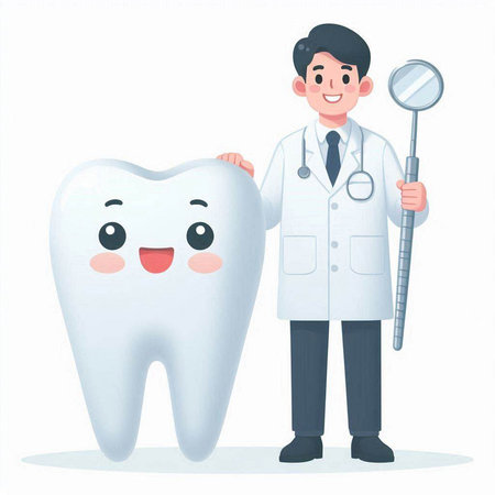 Cartoon dentist with tooth. Vector illustration isolated on white background.のイラスト素材