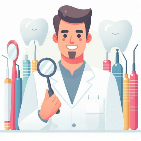 Dentist with stomatology equipment and tools. Vector illustration in cartoon styleのイラスト素材