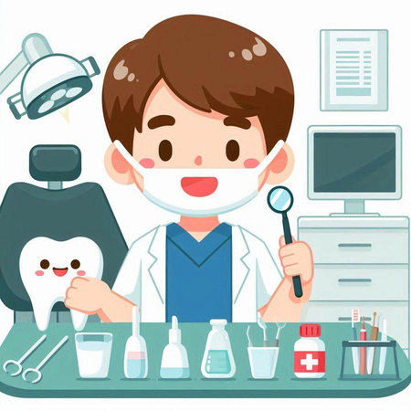 Illustration of a Kid Boy Wearing a Face Mask Studying Dentistryのイラスト素材