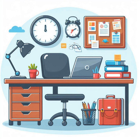 Office workplace with computer, books, stationery and clock. Vector illustrationのイラスト素材