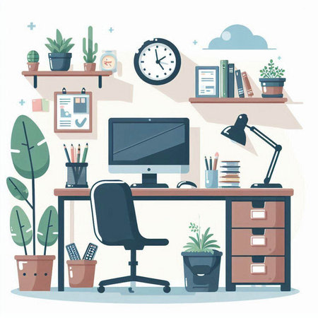 Office workplace. Workplace with computer, books and plants. Flat vector illustrationのイラスト素材