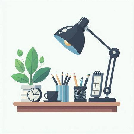 Illustration of desk lamp, stationery and plant. Vector illustration.のイラスト素材