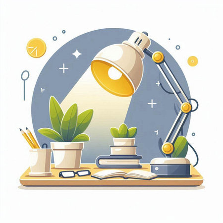 Illustration of desk lamp, books and plants. Vector illustration.のイラスト素材