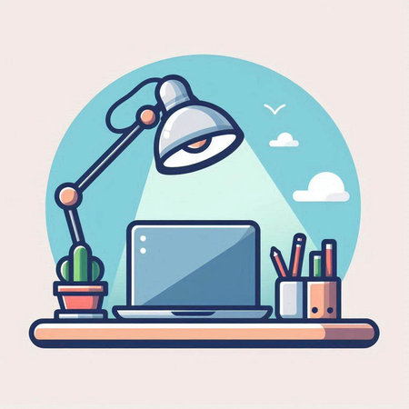 Laptop, lamp and office supplies. Flat design vector illustration.のイラスト素材