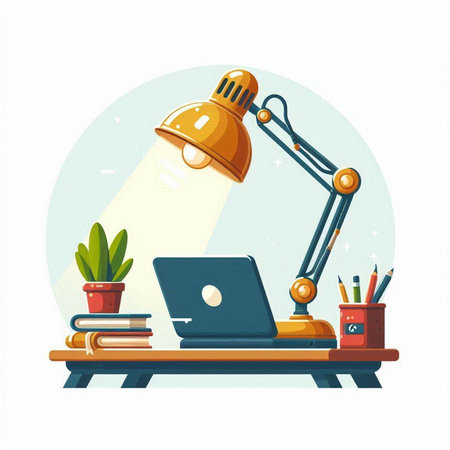 Laptop and lamp on the table. Vector illustration in flat styleのイラスト素材