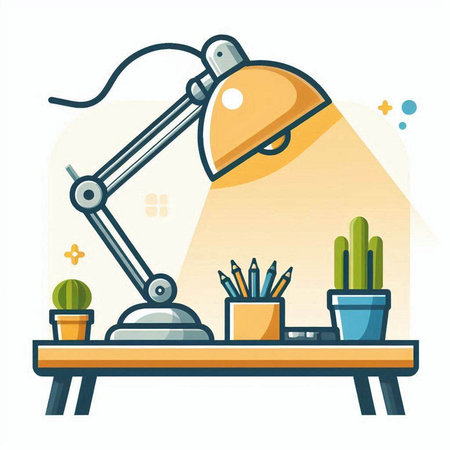 Flat line design vector illustration of office desk with lamp, cactus and books.のイラスト素材