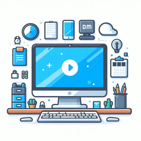 Computer screen with media player, media player, video player and other icons. Modern flat vector illustration.のイラスト素材