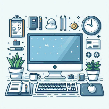Vector illustration of desktop with computer, stationery and office supplies.のイラスト素材