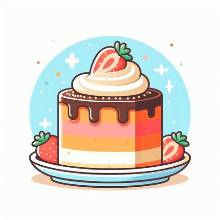 Cake with cream and strawberry on a plate. Vector illustration.のイラスト素材
